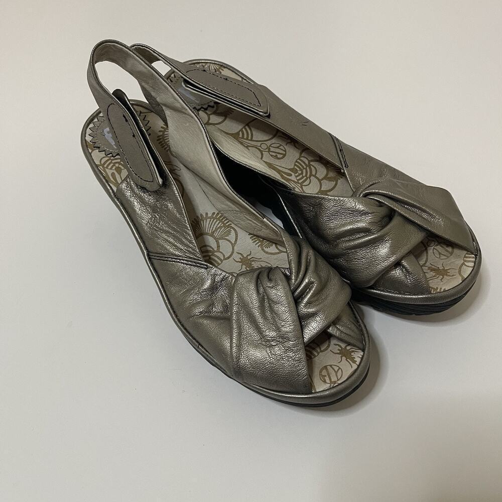FLY London champagne metallic wedge sling back peep toe heels size 39
